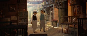 Movie still from “The Breadwinner” (2017), directed by Nora Twomey – Two people are standing in an alleyway; Wide shot, High angle