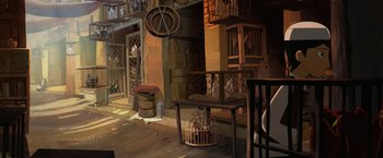 Movie still from “The Breadwinner” (2017), directed by Nora Twomey – A painting of a room with a bird cage; Wide shot, High angle