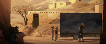 Movie still from “The Breadwinner” (2017), directed by Nora Twomey – Two kids standing in front of a truck in the desert; Wide shot, Low angle