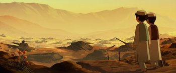 Movie still from “The Breadwinner” (2017), directed by Nora Twomey – An illustration of a desert with mountains in the background; Extreme Wide shot, High angle