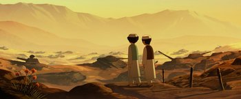 Movie still from “The Breadwinner” (2017), directed by Nora Twomey – Two people standing on a hill looking at the sky; Extreme Wide shot, High angle