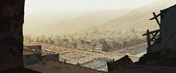 Movie still from “The Breadwinner” (2017), directed by Nora Twomey – An aerial view of a city with many buildings; Extreme Wide shot, High angle