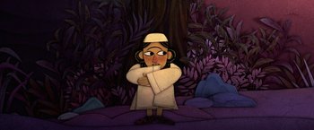 Movie still from “The Breadwinner” (2017), directed by Nora Twomey – An animated picture of a woman in a white robe; Medium shot, Over the shoulder angle