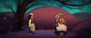 Movie still from “The Breadwinner” (2017), directed by Nora Twomey – An illustration of an indian and an animal; Wide shot, Over the shoulder angle