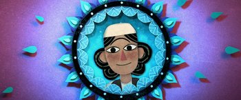 Movie still from “The Breadwinner” (2017), directed by Nora Twomey – A woman's face is framed in a circle of leaves; Extreme Close Up shot, Overhead angle