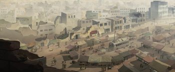 Movie still from “The Breadwinner” (2017), directed by Nora Twomey – An oil painting of an old town with tents and buildings; Extreme Wide shot, High angle
