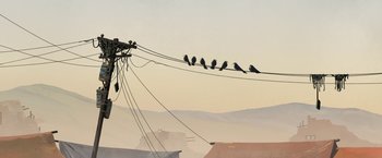 Movie still from “The Breadwinner” (2017), directed by Nora Twomey – A group of birds sitting on top of a power line; Extreme Wide shot, Low angle
