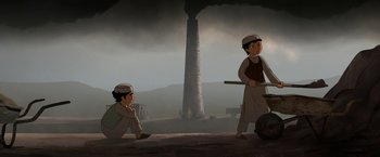 Movie still from “The Breadwinner” (2017), directed by Nora Twomey – Two young boys are standing in front of an ancient pillar; Wide shot, Low angle
