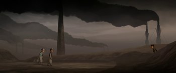 Movie still from “The Breadwinner” (2017), directed by Nora Twomey – A man standing in front of smoke stacks in a field; Extreme Wide shot, Over the shoulder angle