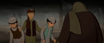 Movie still from “The Breadwinner” (2017), directed by Nora Twomey – A cartoon of a man being held by another man; Medium shot, Over the shoulder angle
