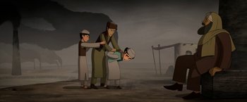 Movie still from “The Breadwinner” (2017), directed by Nora Twomey – A group of people standing next to each other in a field; Wide shot, High angle