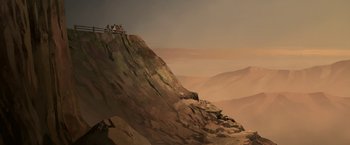 Movie still from “The Breadwinner” (2017), directed by Nora Twomey – A group of people sitting on top of a mountain; Extreme Wide shot, Low angle