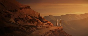 Movie still from “The Breadwinner” (2017), directed by Nora Twomey – A couple of people standing on top of a hill; Extreme Wide shot, Low angle