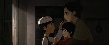 Movie still from “The Breadwinner” (2017), directed by Nora Twomey – A group of people standing next to each other in a room; Medium shot, Over the shoulder angle
