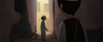Movie still from “The Breadwinner” (2017), directed by Nora Twomey – A cartoon of a boy standing next to another boy; Wide shot, Over the shoulder angle