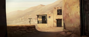 Movie still from “The Breadwinner” (2017), directed by Nora Twomey – An oil painting of an old building in the middle of the desert; Extreme Wide shot, Low angle