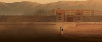 Movie still from “The Breadwinner” (2017), directed by Nora Twomey – A person standing in the middle of an empty field; Extreme Wide shot, High angle