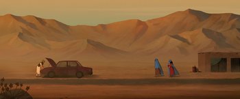 Movie still from “The Breadwinner” (2017), directed by Nora Twomey – A car and two people standing in the desert; Extreme Wide shot, Over the shoulder angle