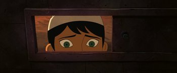 Movie still from “The Breadwinner” (2017), directed by Nora Twomey – An animated picture of a boy looking out a window; Close Up shot, Overhead angle