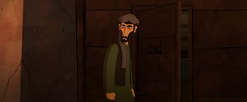 Movie still from “The Breadwinner” (2017), directed by Nora Twomey – An animated man wearing a hat and a scarf; Medium shot, High angle