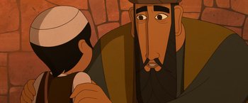 Movie still from “The Breadwinner” (2017), directed by Nora Twomey – An animated picture of a man with a beard and a hat; Close Up shot, Overhead angle