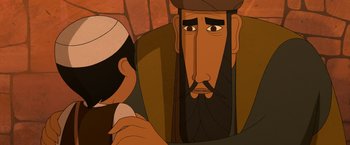 Movie still from “The Breadwinner” (2017), directed by Nora Twomey – An animated picture of a man with a beard and a hat; Close Up shot, Over the shoulder angle