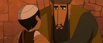 Movie still from “The Breadwinner” (2017), directed by Nora Twomey – An animated picture of a man with a beard and a hat; Close Up shot, Over the shoulder angle
