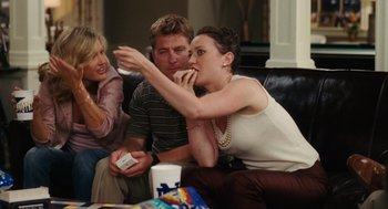 Movie still from “The Break-Up” (2006), directed by Peyton Reed – Three people sitting on a couch eating a snack; Medium shot, High angle
