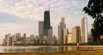 Movie still from “The Break-Up” (2006), directed by Peyton Reed – A view of a city skyline from across a body of water; Extreme Wide shot, High angle