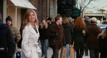 Movie still from “The Break-Up” (2006), directed by Peyton Reed – A woman in a white coat is standing in a crowd; Medium shot, Over the shoulder angle