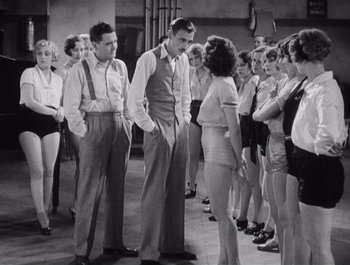 Movie still from “The Broadway Melody” (1929), directed by Harry Beaumont – A group of people standing around each other in a room; Wide shot, High angle