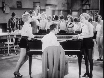 Movie still from “The Broadway Melody” (1929), directed by Harry Beaumont – A group of people standing next to a man playing a piano; Wide shot, High angle