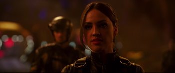 Movie still from “Godzilla vs. Kong” (2021), directed by Adam Wingard – A person wearing a leather jacket; Close Up shot, Over the shoulder angle