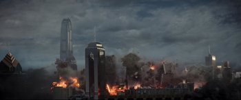 Movie still from “Godzilla vs. Kong” (2021), directed by Adam Wingard – A building that has been destroyed by fire; Extreme Wide shot, Low angle