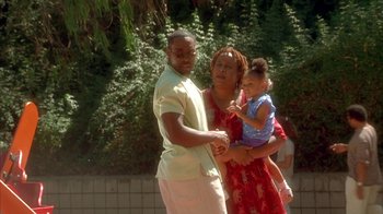 Movie still from “The Brothers” (2001), directed by Gary Hardwick – A man , woman , and child pose for a picture; Medium shot, Over the shoulder angle