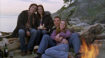 Movie still from “The Butterfly Effect 2” (2006), directed by John R. Leonetti – A group of young people sitting around a fire pit; Medium shot, High angle