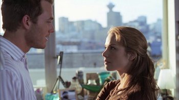 Movie still from “The Butterfly Effect 2” (2006), directed by John R. Leonetti – A man and a woman are looking at one another; Close Up shot, Over the shoulder angle