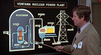 Movie still from “The China Syndrome” (1979), directed by James Bridges – A man holding a stick in front of an electrical diagram; Medium shot, High angle