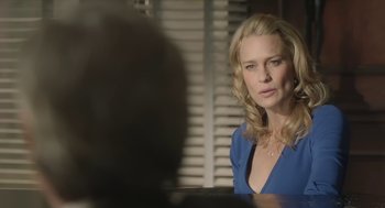 Movie still from “The Congress” (2013), directed by Ari Folman – A woman in a blue shirt is looking at the camera; Close Up shot, Over the shoulder angle
