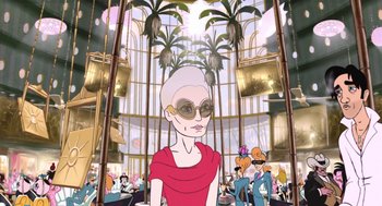 Movie still from “The Congress” (2013), directed by Ari Folman – An illustration of an older woman in a red dress; Medium shot, Low angle
