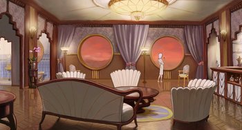 Movie still from “The Congress” (2013), directed by Ari Folman – An art deco living room scene with two large windows; Extreme Wide shot, High angle