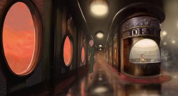 Movie still from “The Congress” (2013), directed by Ari Folman – A woman walking down a long hallway in a building; Wide shot, Low angle