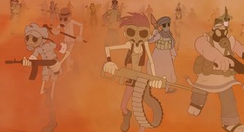 Movie still from “The Congress” (2013), directed by Ari Folman – An image of a group of people with guns; Wide shot, High angle