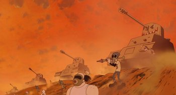 Movie still from “The Congress” (2013), directed by Ari Folman – An animated scene of a man with a gun in his hand; Extreme Wide shot, Low angle