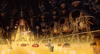 Movie still from “The Congress” (2013), directed by Ari Folman – An animated scene of an industrial setting with a man in the middle of the room; Extreme Wide shot, High angle