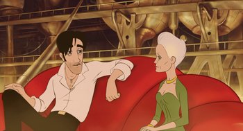 Movie still from “The Congress” (2013), directed by Ari Folman – An animated man and a woman sitting on a red couch; Medium shot, High angle