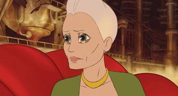 Movie still from “The Congress” (2013), directed by Ari Folman – An old woman with white hair and a green jacket; Close Up shot, High angle