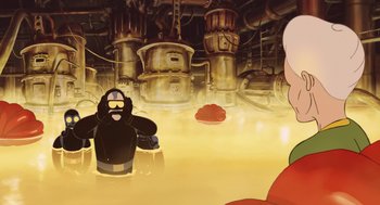 Movie still from “The Congress” (2013), directed by Ari Folman – A cartoon of a man in a black suit and a red hat; Wide shot, Low angle