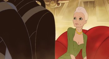 Movie still from “The Congress” (2013), directed by Ari Folman – An animated woman in a green dress sitting on a red chair; Close Up shot, Over the shoulder angle