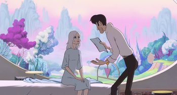 Movie still from “The Congress” (2013), directed by Ari Folman – An animated scene of a man and a woman in front of trees; Medium shot, Over the shoulder angle